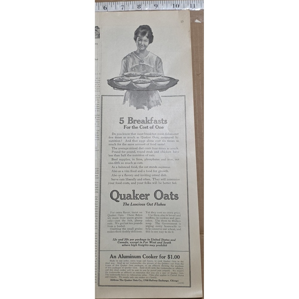 Vintage 1917 Quaker Oats Print Ad Antique Breakfast Cereal Food Advertisement